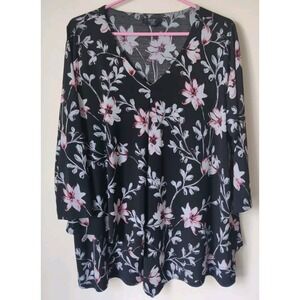 Alfani Floral Print V-neck 3/4 Sleeve Blouse Size 2X‎ Pullover Black/Pink/White